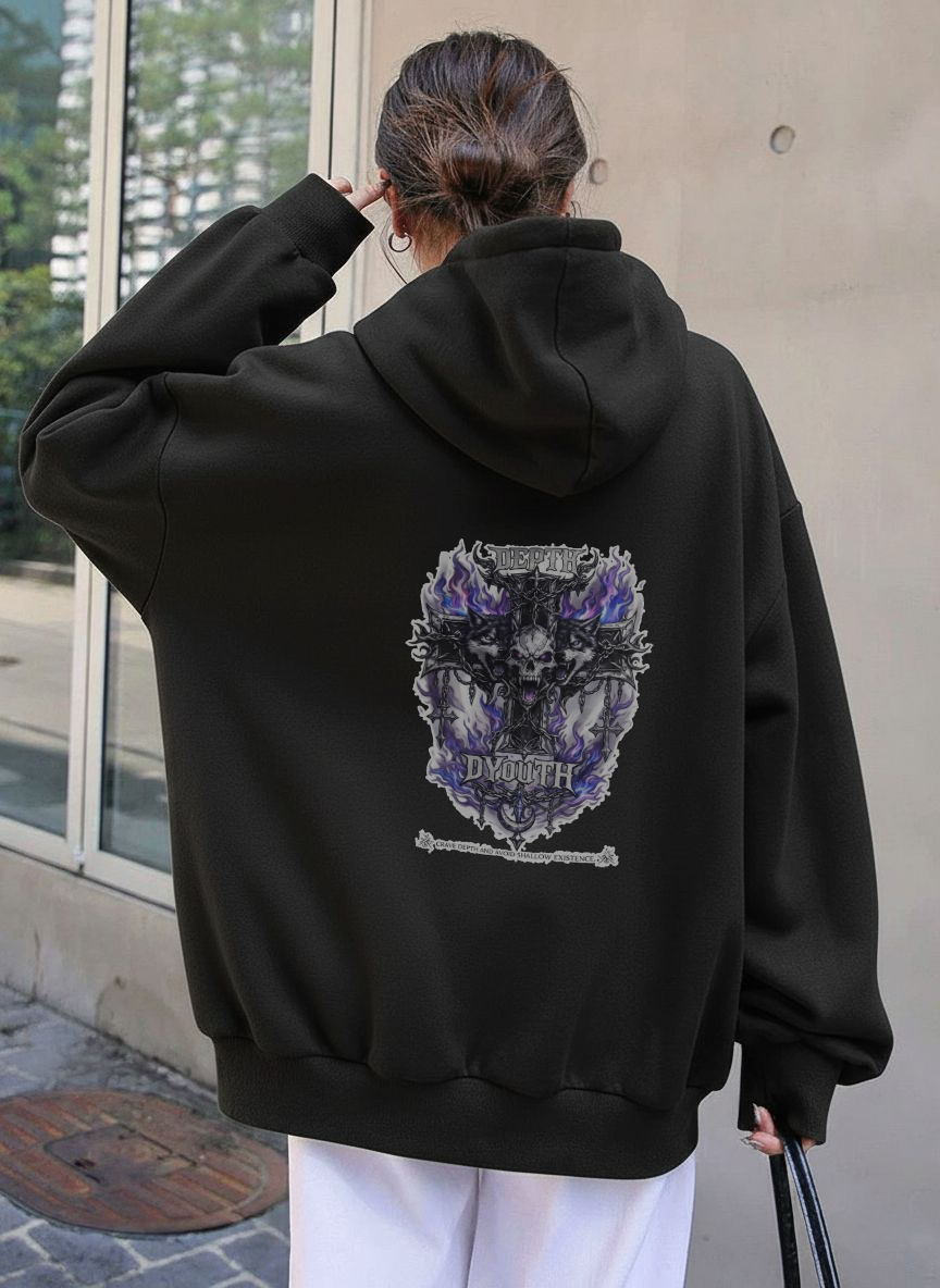 DEPTH Streetwear Unisex Oversized Black Hoodie — 400 GSM